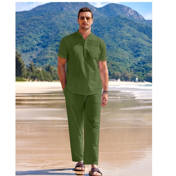 NWT Men's 2 Pieces Cotton Linen Set Casual Short Sleeve Shirt Beach Yoga Pants - Picture 6 of 7